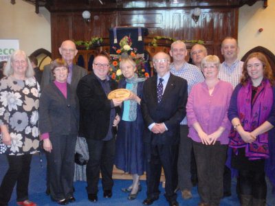 Sr Catherine Brennan presents an Eco-Congregation Ireland award to Rev Steve Stockman, minister of Fitzroy Presbyterian Church