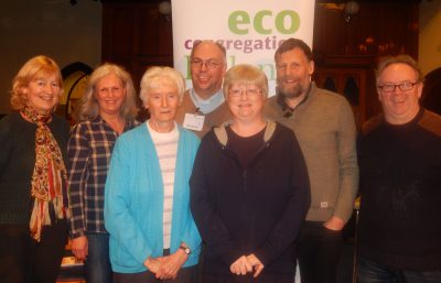 Alastair McIntosh pictured with Rev Andrew Orr, Chairman of Eco-Congregation Ireland, Rev Steve Stockman, Minister of Fitzroy Presbyterian Church, and members of Fitzroy's Caring for Creation Group